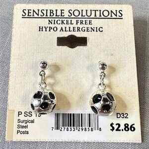 Silver Tone and Black Soccer Ball Drop Earrings